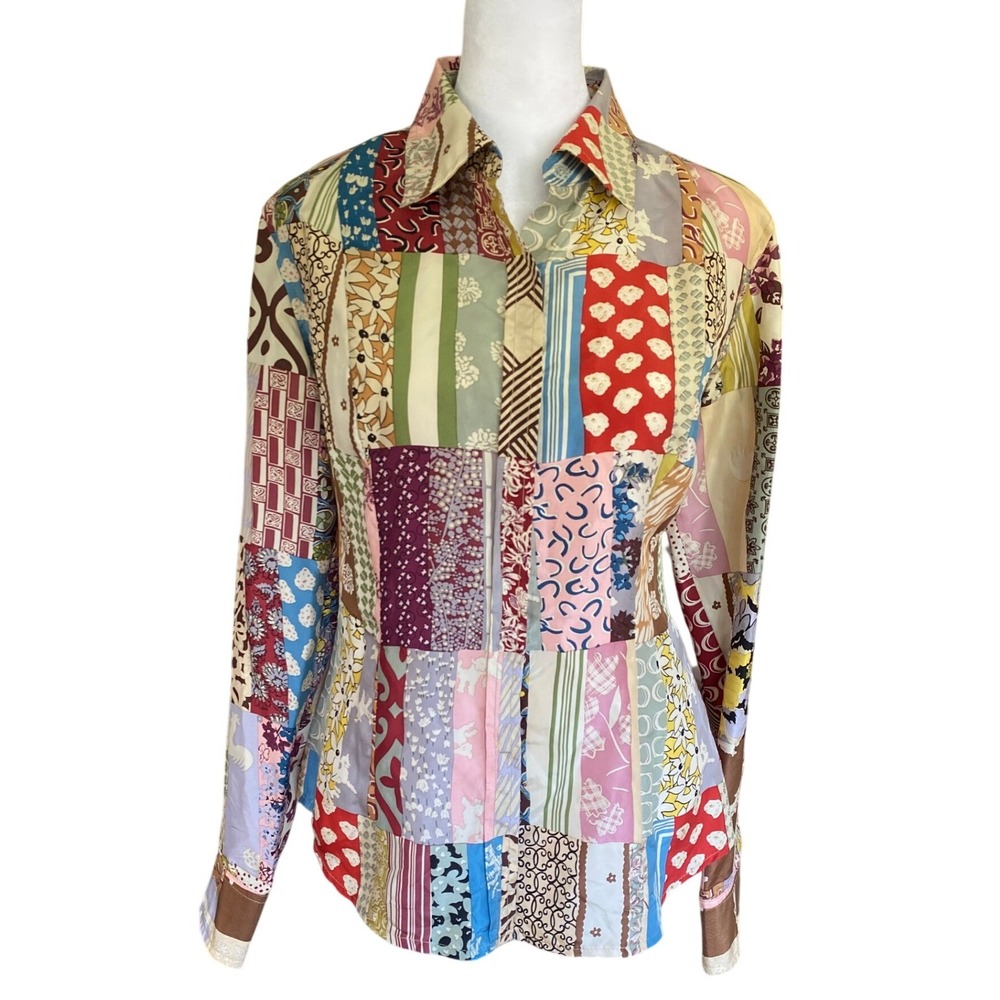 Vintage 1990s 100% Silk Patchwork Long Sleeve Button Down Shirt Small Boho Retro